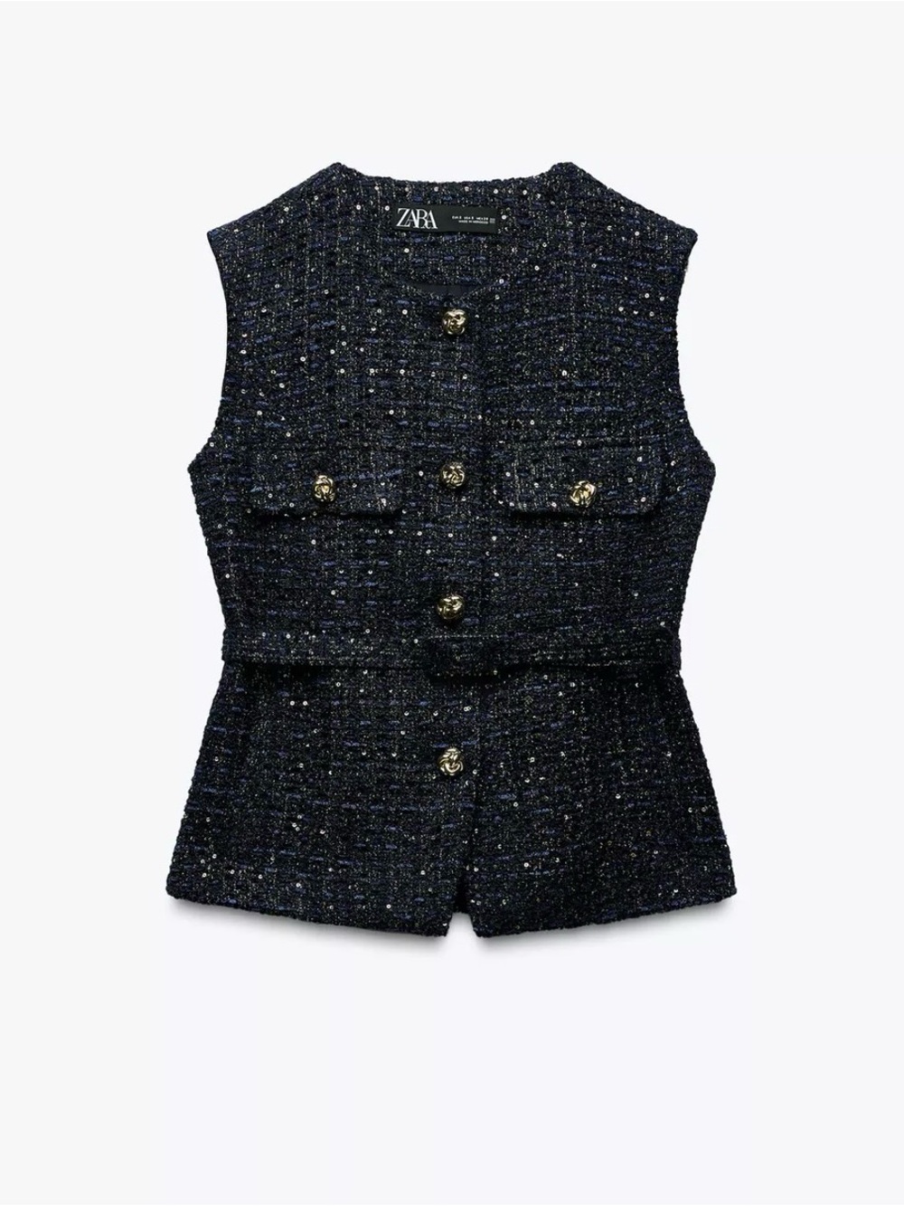 Zara  textured Belted Sequin Structured Vest dark blue